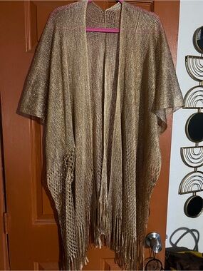 Chico's Metallic Gold Fringe Kimono Cardigan